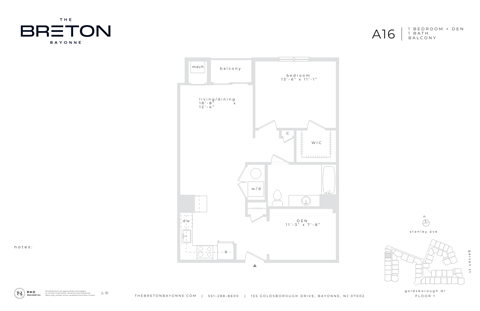 Floor plan for 1 bed, 1 bath, 888 sqft